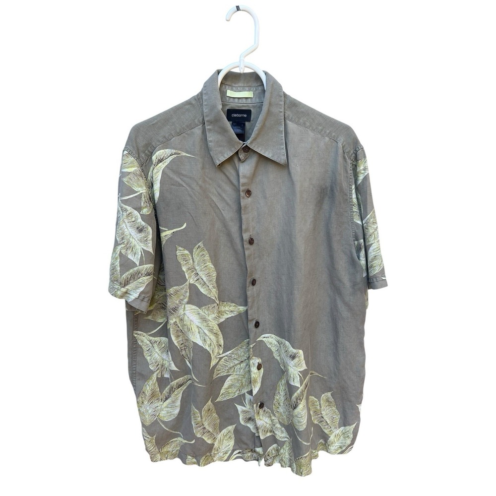 Vtg Claiborne Mens Leaves Print Short Sleeve Silk Button-up Shirt Large *READ